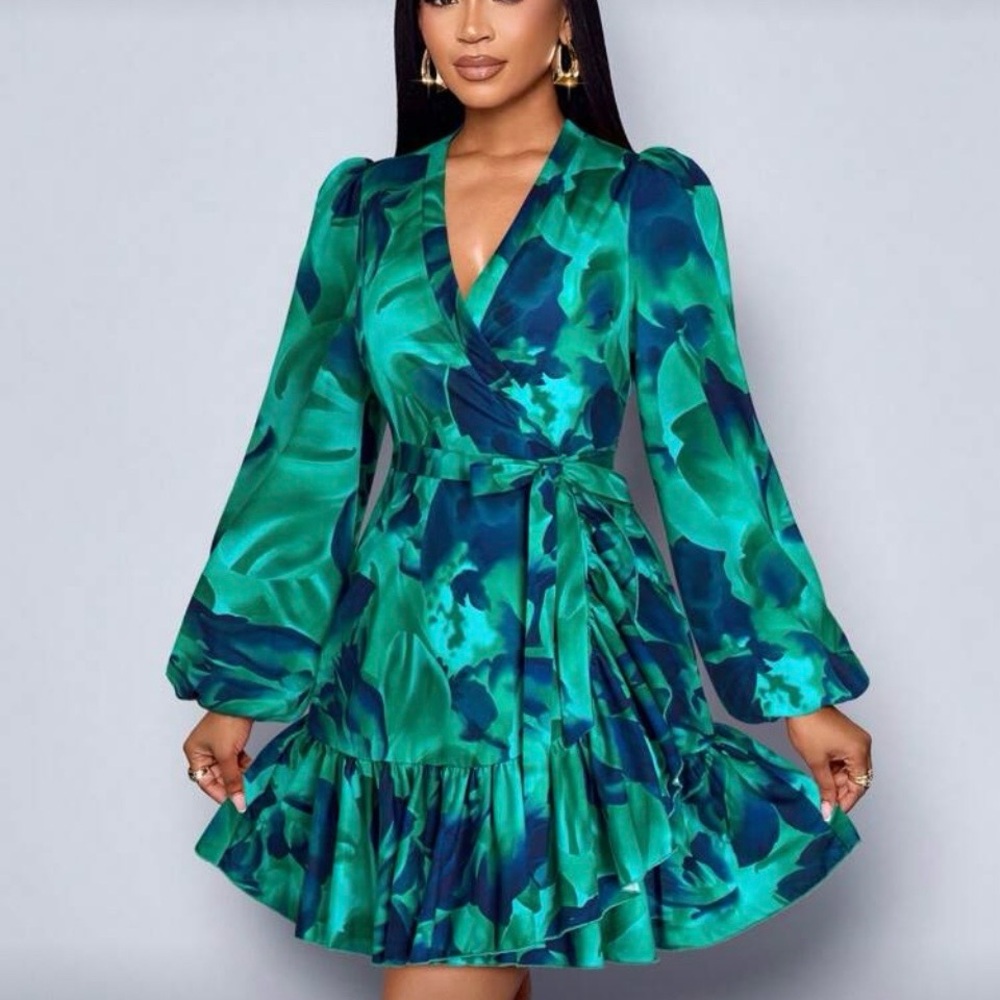 Vibrant Teal Floral Long Sleeve Dress